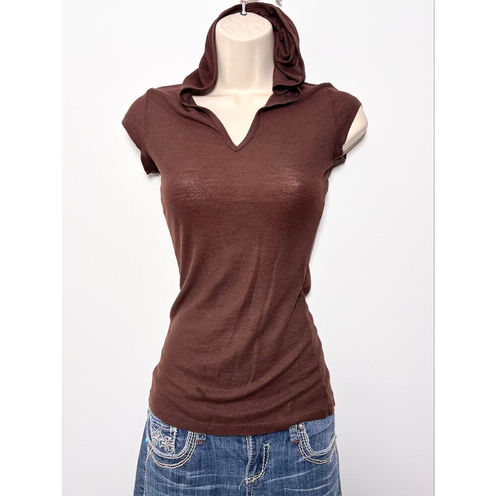 Vtg Y2K Waffle Knit Brown Short Sleeve Fitted Hoodie Top